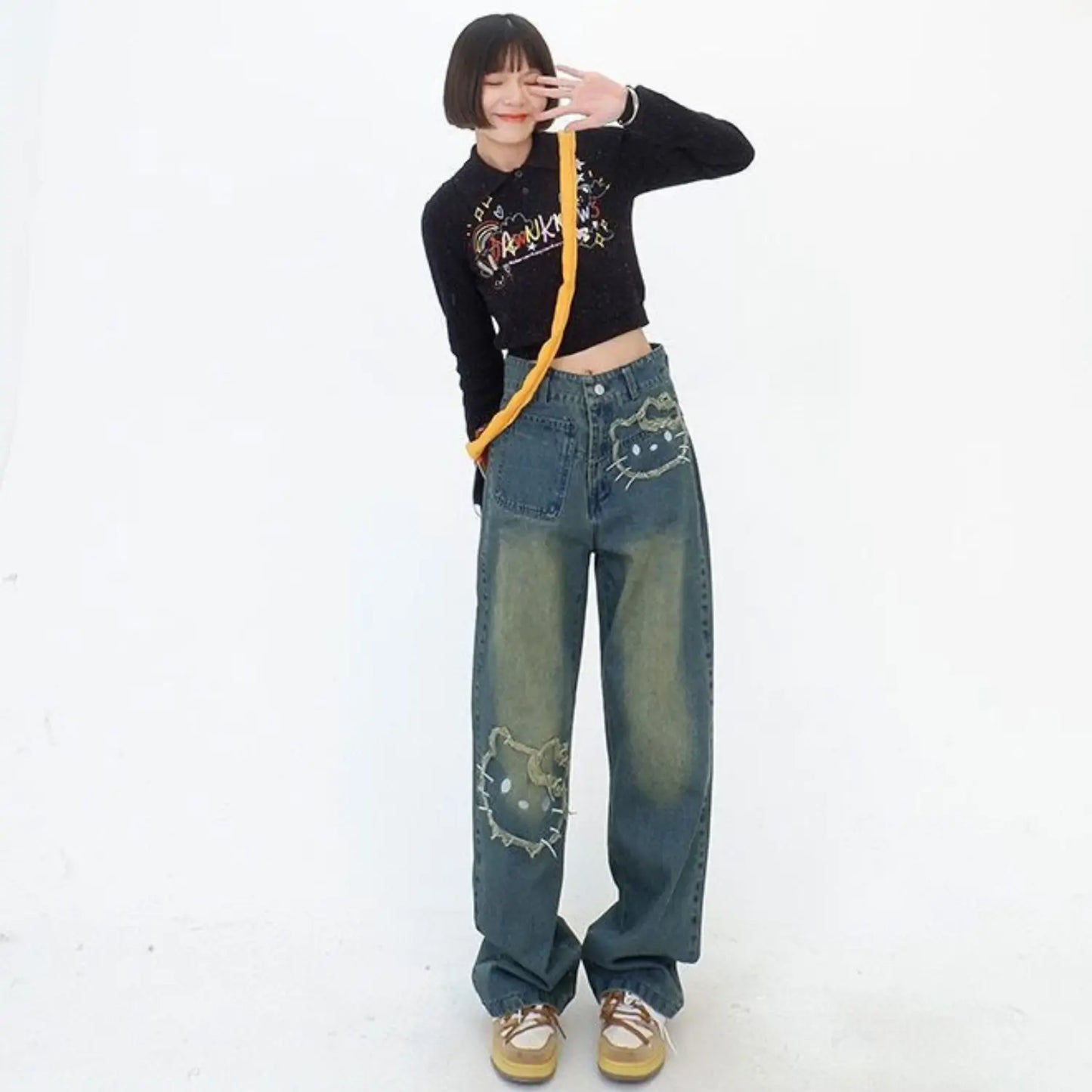 Calça Jeans Streetwear Hello Kitty